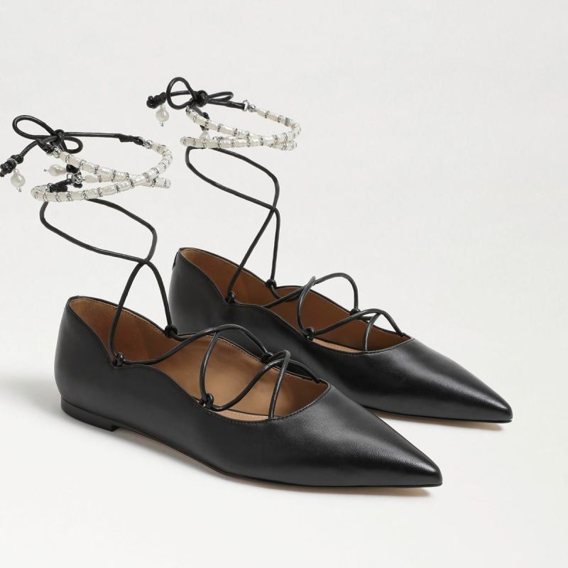 Sam Edelman Winslet Lace Up Pointed Toe Flat-Black Leather